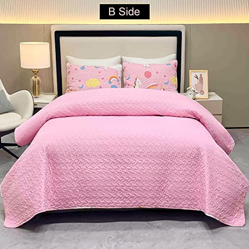 Unicorn Kids Quilt Set for Girls Twin Size Bedding Set 2-Piece Pink Unicorn Rainbow Comforter Set Reversible Quilted Bedspread Coverlet Lightweight Bed Sheet Set Cover Throw Blanket with Pillow Sham