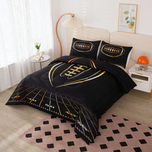 Boy Comforter Set Queen Size, Black and Gold Football Comforter Set, Sports Themed Bedding Set for Boys Girls, 3-Pieces Microfiber Comforter, 1 Comforter with 2 Matching Pillowcases, All-Season Use…