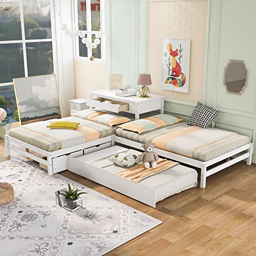 MOEO Full Size L-Shaped Platform Bed with Trundle & Drawers Linked w/Built-in Desk for Kids, Bedroom, Teens, Adults, No Box Spring Needed, Wood Bedframe 3 in 1, White