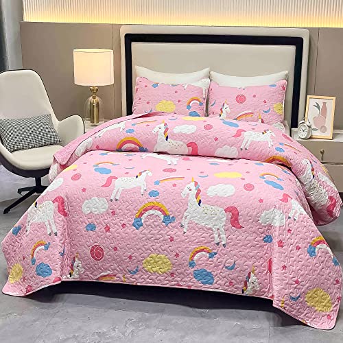 Unicorn Kids Quilt Set for Girls Twin Size Bedding Set 2-Piece Pink Unicorn Rainbow Comforter Set Reversible Quilted Bedspread Coverlet Lightweight Bed Sheet Set Cover Throw Blanket with Pillow Sham