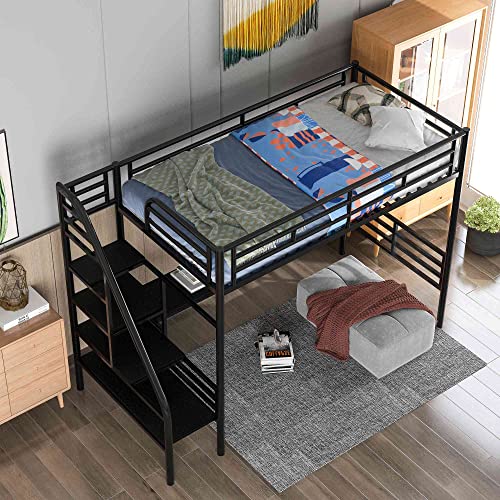 ATY Metal Twin Size Loft Bed with Desk, Steel Bedframe w/Stairs and Guard Rail, Perfect for Teens, Kids, Students, No Box Spring Needed, Black