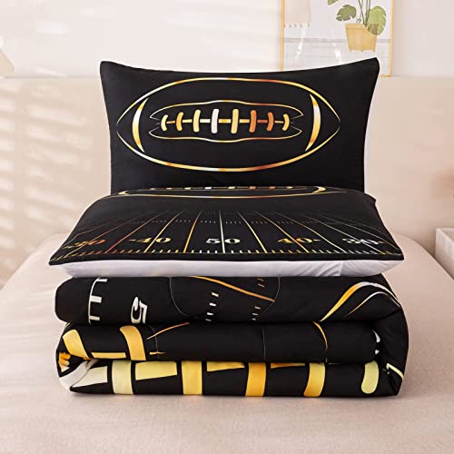 Boy Comforter Set Queen Size, Black and Gold Football Comforter Set, Sports Themed Bedding Set for Boys Girls, 3-Pieces Microfiber Comforter, 1 Comforter with 2 Matching Pillowcases, All-Season Use…