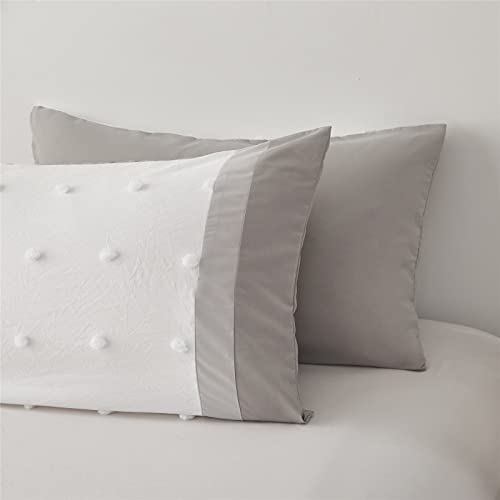 KAKKI Tufted Pom Pom Comforter Set Full/Queen Size for Boys Girls Kids Teen, Light Grey and White Patchwork Striped Jacquard Comforter, 3pc Soft Microfiber Bedding Set for All Season(Grey,Queen)