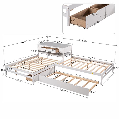 MOEO Full Size L-Shaped Platform Bed with Trundle & Drawers Linked w/Built-in Desk for Kids, Bedroom, Teens, Adults, No Box Spring Needed, Wood Bedframe 3 in 1, White