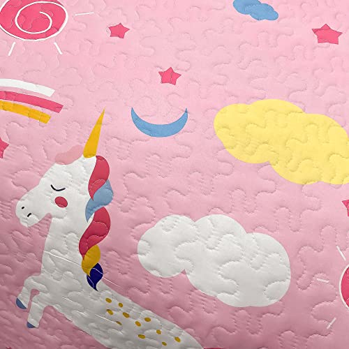 Unicorn Kids Quilt Set for Girls Twin Size Bedding Set 2-Piece Pink Unicorn Rainbow Comforter Set Reversible Quilted Bedspread Coverlet Lightweight Bed Sheet Set Cover Throw Blanket with Pillow Sham