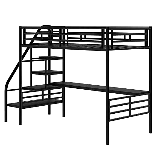 ATY Metal Twin Size Loft Bed with Desk, Steel Bedframe w/Stairs and Guard Rail, Perfect for Teens, Kids, Students, No Box Spring Needed, Black