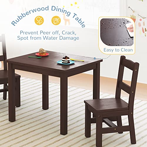 Curipeer Rubberwood Kids Table and Chair Set,Water Resistant Kids Table Set with 2 Chairs,Non-Slip Pad and Waterfall Edge Design, Easy to Clean,Child Gift for Boy,Girl in Bedroom,Playroom,Espresso