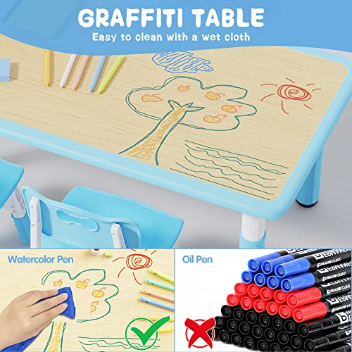 Brelley Kids Table and 4 Chairs Set, Height Adjustable Toddler Table and Chair Set, Graffiti Desktop, Non-Slip Legs, Max 300lbs, Children Multi-Activity Table for Ages 2-10