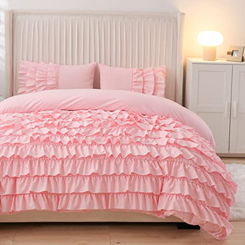 NTBED Ruffled Comforter Set Casual Textured for Girls Kids All Season, Soft Chic Princess Bedding Set with Matching Pillow Shams(Pink,Twin)