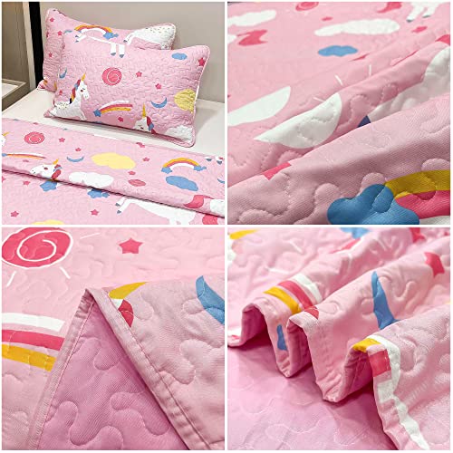 Unicorn Kids Quilt Set for Girls Twin Size Bedding Set 2-Piece Pink Unicorn Rainbow Comforter Set Reversible Quilted Bedspread Coverlet Lightweight Bed Sheet Set Cover Throw Blanket with Pillow Sham