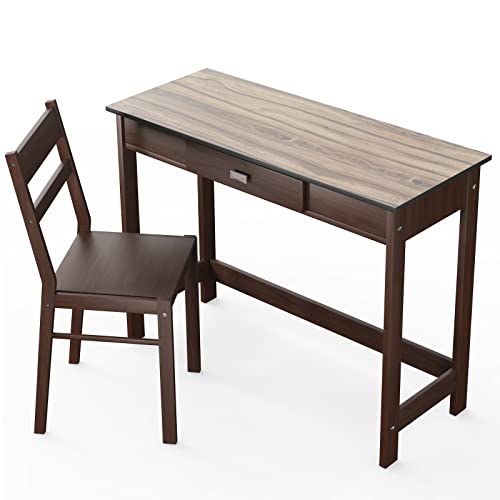 Tangkula Study Desk & Chair Set, Kids Learning Table with Drawer, Ergonomic Chair with Inclined Backrest, Students Computer Workstation with Solid Rubber Wood Feet, Teen Desk & Chair Set