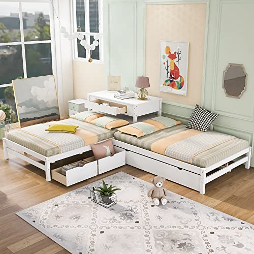 MOEO Full Size L-Shaped Platform Bed with Trundle & Drawers Linked w/Built-in Desk for Kids, Bedroom, Teens, Adults, No Box Spring Needed, Wood Bedframe 3 in 1, White