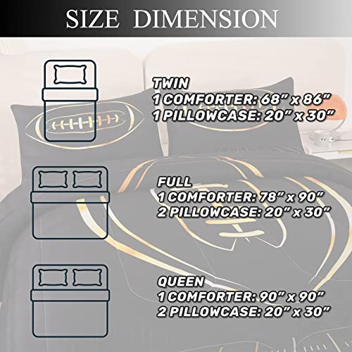 Boy Comforter Set Queen Size, Black and Gold Football Comforter Set, Sports Themed Bedding Set for Boys Girls, 3-Pieces Microfiber Comforter, 1 Comforter with 2 Matching Pillowcases, All-Season Use…