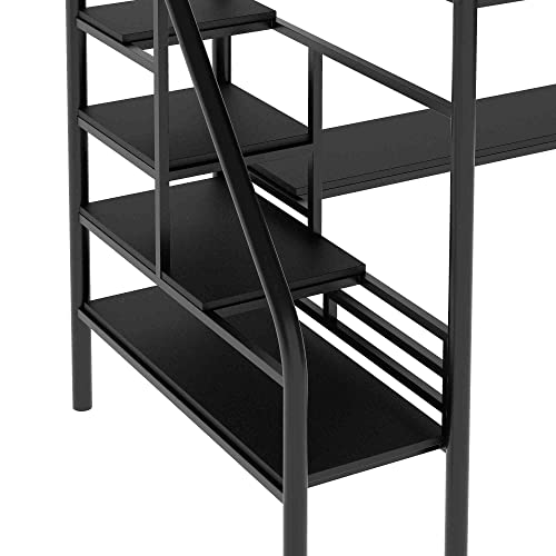 ATY Metal Twin Size Loft Bed with Desk, Steel Bedframe w/Stairs and Guard Rail, Perfect for Teens, Kids, Students, No Box Spring Needed, Black