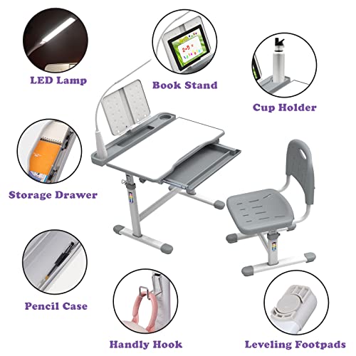 BELANITAS Kids Desk and Chair Set, Height Adjustable Kids School Desk 40-Degree Tiltable Desktop Kids' Desks for Home Schooling,Writing Desk for Kids,Kid Desk with Lights Space Grey