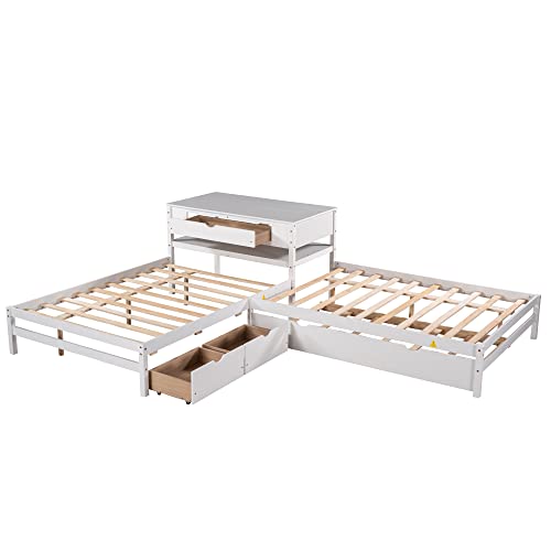 MOEO Full Size L-Shaped Platform Bed with Trundle & Drawers Linked w/Built-in Desk for Kids, Bedroom, Teens, Adults, No Box Spring Needed, Wood Bedframe 3 in 1, White