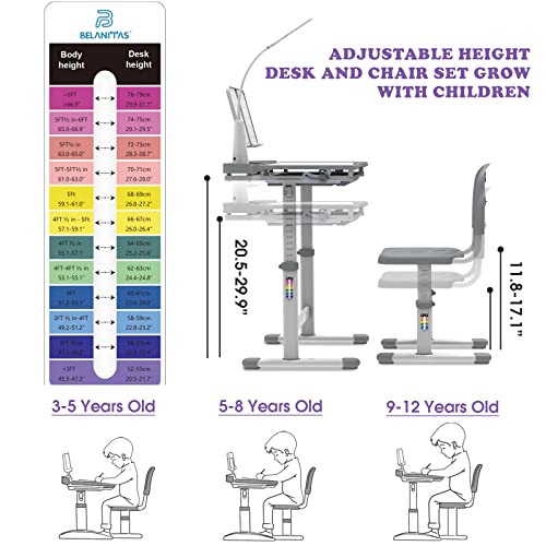 BELANITAS Kids Desk and Chair Set, Height Adjustable Kids School Desk 40-Degree Tiltable Desktop Kids' Desks for Home Schooling,Writing Desk for Kids,Kid Desk with Lights Space Grey