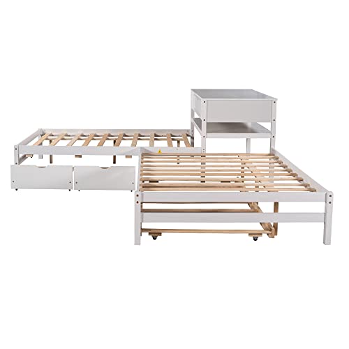 MOEO Full Size L-Shaped Platform Bed with Trundle & Drawers Linked w/Built-in Desk for Kids, Bedroom, Teens, Adults, No Box Spring Needed, Wood Bedframe 3 in 1, White