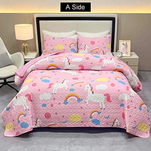 Unicorn Kids Quilt Set for Girls Twin Size Bedding Set 2-Piece Pink Unicorn Rainbow Comforter Set Reversible Quilted Bedspread Coverlet Lightweight Bed Sheet Set Cover Throw Blanket with Pillow Sham