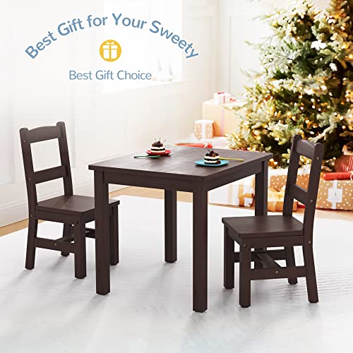 Curipeer Rubberwood Kids Table and Chair Set,Water Resistant Kids Table Set with 2 Chairs,Non-Slip Pad and Waterfall Edge Design, Easy to Clean,Child Gift for Boy,Girl in Bedroom,Playroom,Espresso