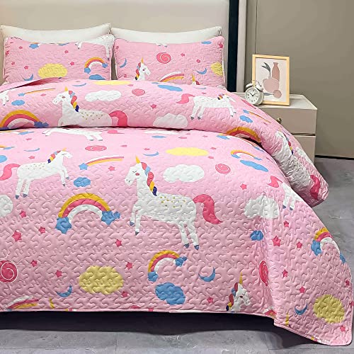 Unicorn Kids Quilt Set for Girls Twin Size Bedding Set 2-Piece Pink Unicorn Rainbow Comforter Set Reversible Quilted Bedspread Coverlet Lightweight Bed Sheet Set Cover Throw Blanket with Pillow Sham