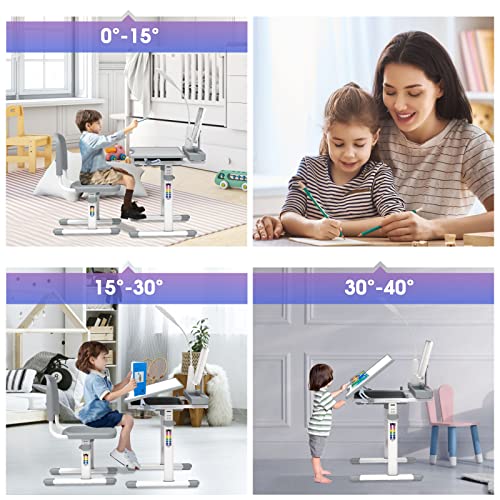 BELANITAS Kids Desk and Chair Set, Height Adjustable Kids School Desk 40-Degree Tiltable Desktop Kids' Desks for Home Schooling,Writing Desk for Kids,Kid Desk with Lights Space Grey