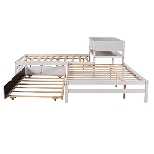 MOEO Full Size L-Shaped Platform Bed with Trundle & Drawers Linked w/Built-in Desk for Kids, Bedroom, Teens, Adults, No Box Spring Needed, Wood Bedframe 3 in 1, White