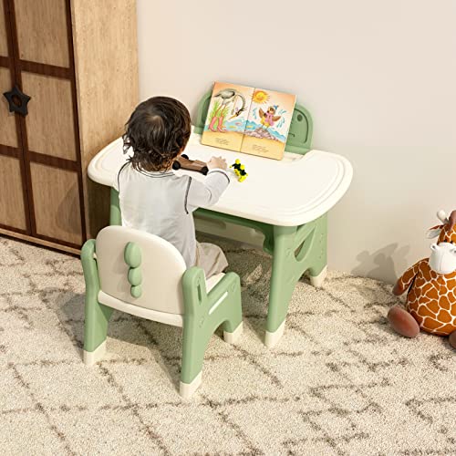 BanaSuper Kid's Drawing Table and Chair Set with Erasable Board Watercolor Pens Plastic Activity Table for Toddlers Children Desk Snack Time Homeschooling Homework Gift for Boy & Girl (Green)