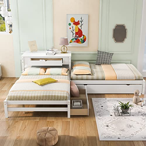 MOEO Full Size L-Shaped Platform Bed with Trundle & Drawers Linked w/Built-in Desk for Kids, Bedroom, Teens, Adults, No Box Spring Needed, Wood Bedframe 3 in 1, White
