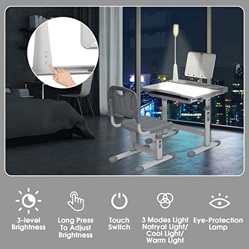 BELANITAS Kids Desk and Chair Set, Height Adjustable Kids School Desk 40-Degree Tiltable Desktop Kids' Desks for Home Schooling,Writing Desk for Kids,Kid Desk with Lights Space Grey