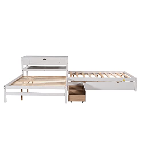 MOEO Full Size L-Shaped Platform Bed with Trundle & Drawers Linked w/Built-in Desk for Kids, Bedroom, Teens, Adults, No Box Spring Needed, Wood Bedframe 3 in 1, White