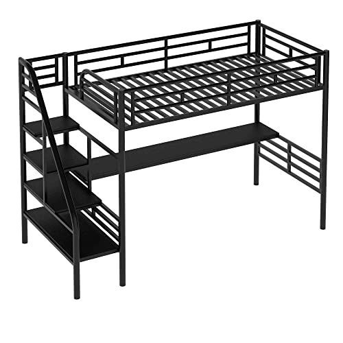 ATY Metal Twin Size Loft Bed with Desk, Steel Bedframe w/Stairs and Guard Rail, Perfect for Teens, Kids, Students, No Box Spring Needed, Black