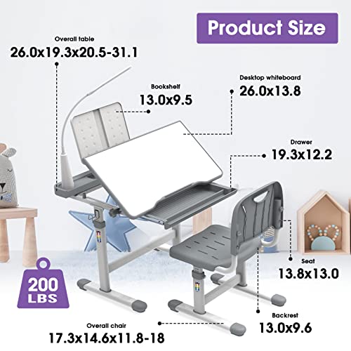 BELANITAS Kids Desk and Chair Set, Height Adjustable Kids School Desk 40-Degree Tiltable Desktop Kids' Desks for Home Schooling,Writing Desk for Kids,Kid Desk with Lights Space Grey