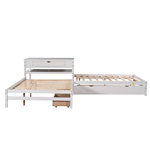 MOEO Full Size L-Shaped Platform Bed with Trundle & Drawers Linked w/Built-in Desk for Kids, Bedroom, Teens, Adults, No Box Spring Needed, Wood Bedframe 3 in 1, White