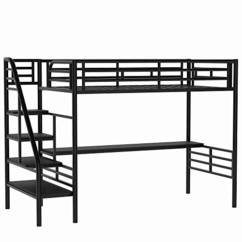 ATY Metal Twin Size Loft Bed with Desk, Steel Bedframe w/Stairs and Guard Rail, Perfect for Teens, Kids, Students, No Box Spring Needed, Black