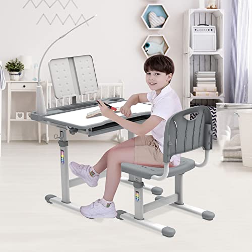 BELANITAS Kids Desk and Chair Set, Height Adjustable Kids School Desk 40-Degree Tiltable Desktop Kids' Desks for Home Schooling,Writing Desk for Kids,Kid Desk with Lights Space Grey