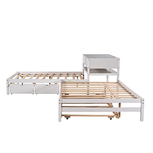 MOEO Full Size L-Shaped Platform Bed with Trundle & Drawers Linked w/Built-in Desk for Kids, Bedroom, Teens, Adults, No Box Spring Needed, Wood Bedframe 3 in 1, White