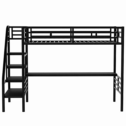 ATY Metal Twin Size Loft Bed with Desk, Steel Bedframe w/Stairs and Guard Rail, Perfect for Teens, Kids, Students, No Box Spring Needed, Black