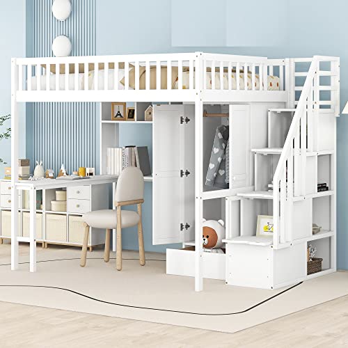 Full Size Loft Bed with Desk and Wardrobe Wood Loft Bed with Stairs Storage Staircase and Shelves, High Loft Bed with Steps for Kids Boys Girls Teens, White