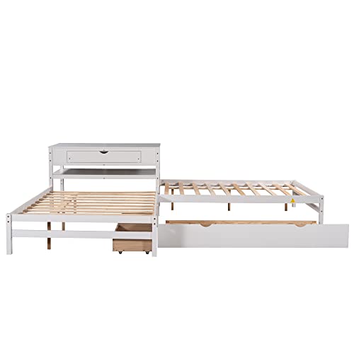 MOEO Full Size L-Shaped Platform Bed with Trundle & Drawers Linked w/Built-in Desk for Kids, Bedroom, Teens, Adults, No Box Spring Needed, Wood Bedframe 3 in 1, White