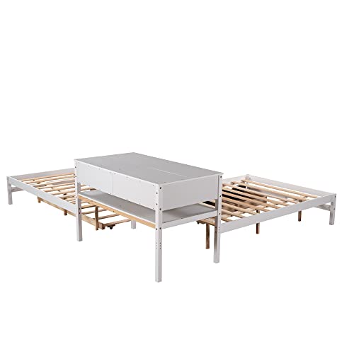 MOEO Full Size L-Shaped Platform Bed with Trundle & Drawers Linked w/Built-in Desk for Kids, Bedroom, Teens, Adults, No Box Spring Needed, Wood Bedframe 3 in 1, White