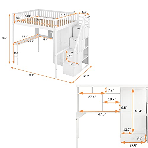 Full Size Loft Bed with Desk and Wardrobe Wood Loft Bed with Stairs Storage Staircase and Shelves, High Loft Bed with Steps for Kids Boys Girls Teens, White
