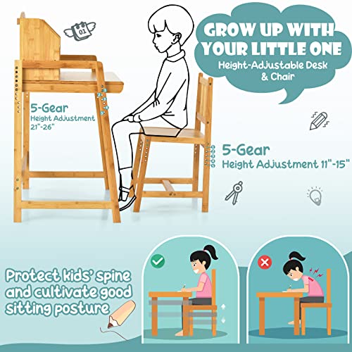 Costzon Kids Desk and Chair Set, Height Adjustable Children Study Table and Chair w/Bookshelves, Student Writing Computer Workstation for Bedroom & Study Room, Bamboo Desk & Chair for Kids (Natural)
