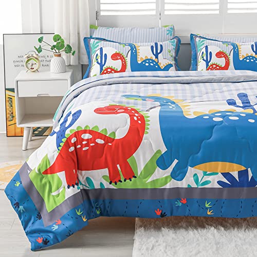 Wajade Kids Cartoon Dinosaur Comforter Set Full Size Bed in a Bag for Boys and Girls, 7 Pieces Jungle Dinosaur Printed Bedding Set Includes Comforter, Flat Sheet, Fitted Sheet, Two Pillowcases & Shams