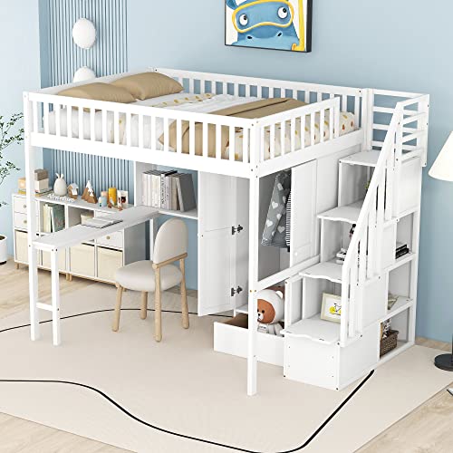 Full Size Loft Bed with Desk and Wardrobe Wood Loft Bed with Stairs Storage Staircase and Shelves, High Loft Bed with Steps for Kids Boys Girls Teens, White