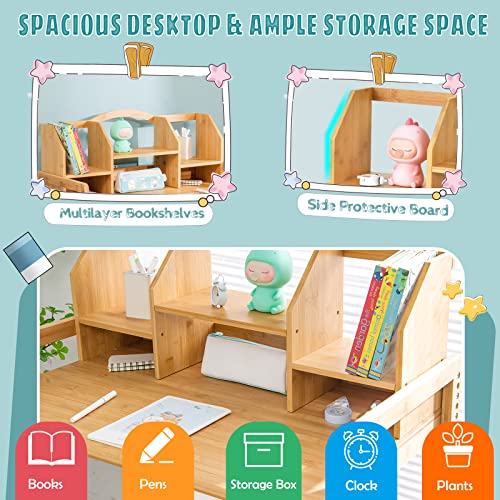Costzon Kids Desk and Chair Set, Height Adjustable Children Study Table and Chair w/Bookshelves, Student Writing Computer Workstation for Bedroom & Study Room, Bamboo Desk & Chair for Kids (Natural)
