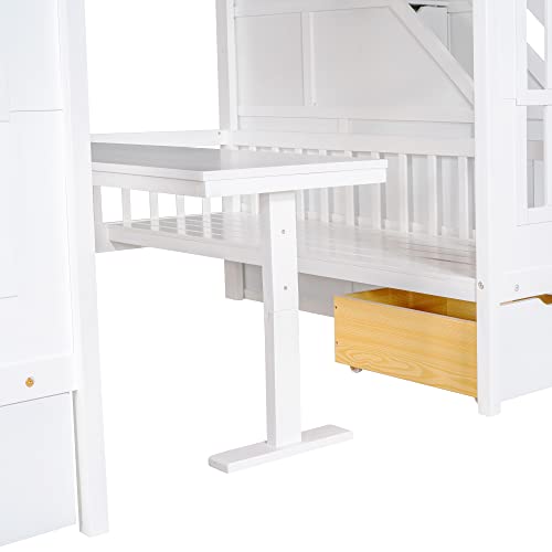 Loft Bed with Desk, Castle Bed for Kids with Stairs, Full Over Full Bunk Bed, Princess Bed Frame with Changeable Table and Storage Drawers for Boys or Girls, White