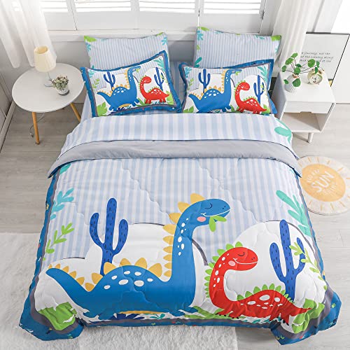Wajade Kids Cartoon Dinosaur Comforter Set Full Size Bed in a Bag for Boys and Girls, 7 Pieces Jungle Dinosaur Printed Bedding Set Includes Comforter, Flat Sheet, Fitted Sheet, Two Pillowcases & Shams