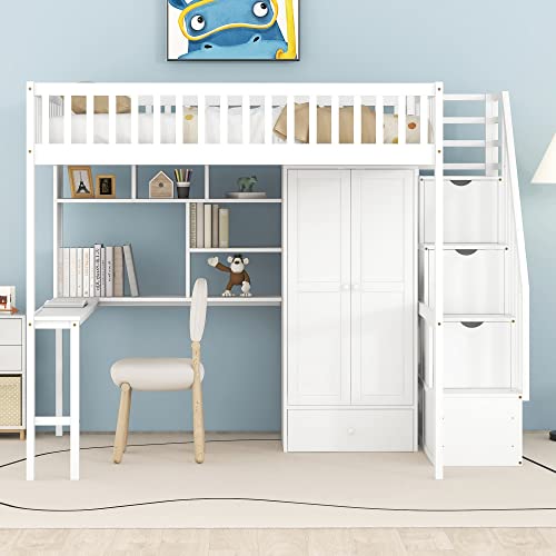 Full Size Loft Bed with Desk and Wardrobe Wood Loft Bed with Stairs Storage Staircase and Shelves, High Loft Bed with Steps for Kids Boys Girls Teens, White