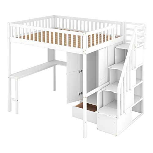 Full Size Loft Bed with Desk and Wardrobe Wood Loft Bed with Stairs Storage Staircase and Shelves, High Loft Bed with Steps for Kids Boys Girls Teens, White